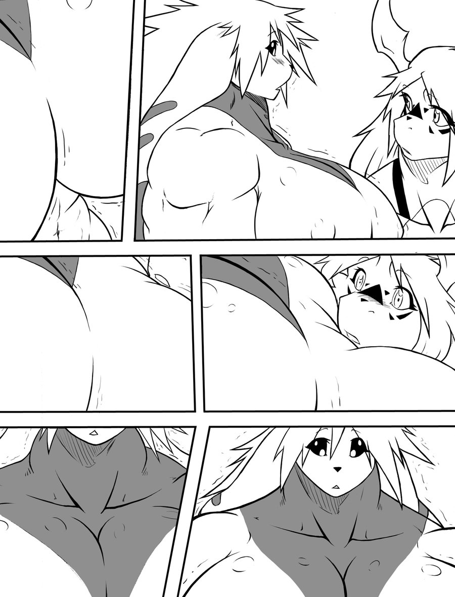 anthro big_breasts biped blush breast_squish breasts comic digimon digimon_(species) duo ear_markings facial_markings female growth guilmon hair head_markings long_ears markings monochrome muscle_growth muscular muscular_female nipples ryuakira scalie shocked_expression simple_background squish symbol terriermon white_background