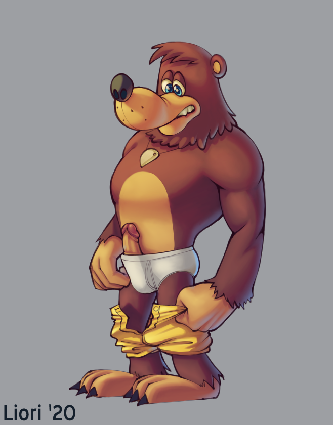 anthro banjo-kazooie banjo_(banjo-kazooie) blue_eyes briefs brown_body brown_fur claws clothed clothing erection fur grey_background hand_on_underwear hands_on_clothing jewelry male mammal necklace open_mouth pants_down partially_clothed rareware redo_(artist) simple_background solo teeth_showing text tighty_whities underwear undressing ursid video_games white_clothing white_underwear year