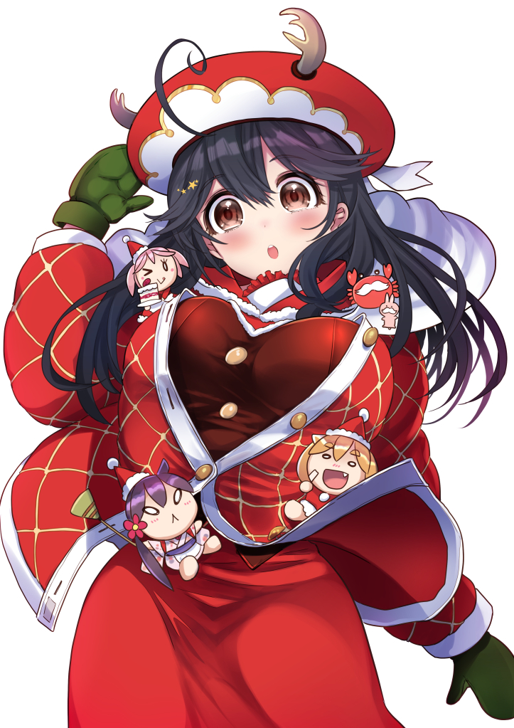 1girl ahoge akebono_(kantai_collection) antlers black_hair breasts brown_eyes character_doll commentary_request cowboy_shot fake_antlers hat hood hooded_jacket hoodie jacket kantai_collection large_breasts long_hair oboro_(kantai_collection) red_jacket red_skirt reindeer_antlers sazanami_(kantai_collection) simple_background skirt smile solo sumeragi_hamao ushio_(kantai_collection) white_background