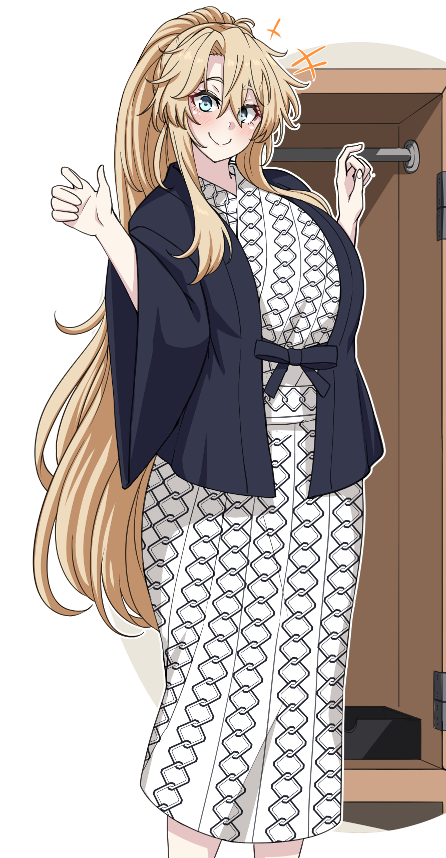 1girl alternate_costume alternate_hairstyle bath_yukata blonde_hair blue_eyes breasts hanten_(clothes) highres huge_breasts iowa_(kantai_collection) japanese_clothes kantai_collection kimono konoshige_(ryuun) looking_at_viewer ponytail sidelocks smile solo yukata