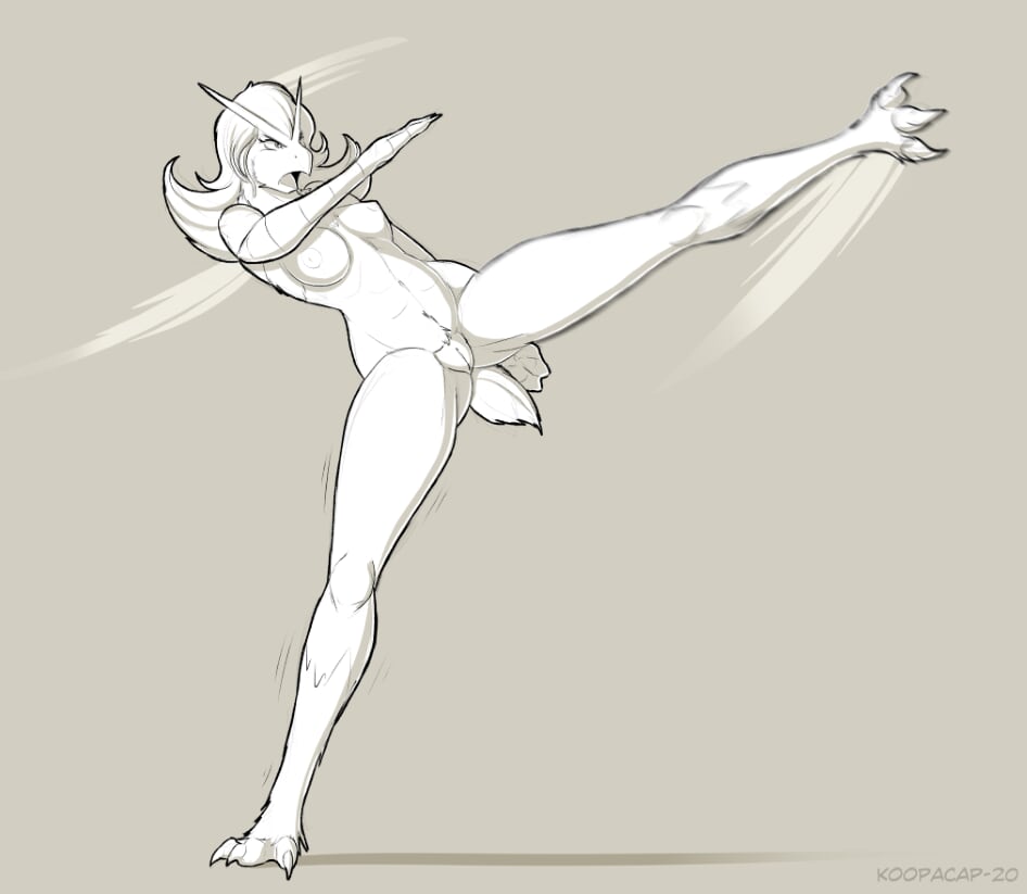 2020 3_toes action_pose angry anthro blaziken breasts female genitals hair koopacap navel nintendo nipples nude on_one_leg open_mouth pok&eacute;mon pok&eacute;mon_(species) pose pussy simple_background solo standing toes video_games