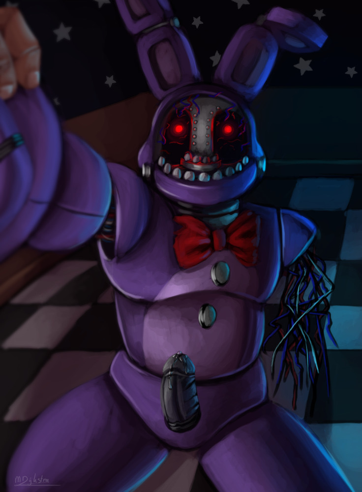 ambiguous_gender animatronic anthro bodily_fluids bow_tie button_(fastener) cum duo exposed_endoskeleton five_nights_at_freddy's five_nights_at_freddy's_2 genital_fluids genitals hand_holding human humanoid lagomorph leporid long_ears looking_at_viewer machine male mammal martiigr5 metal_penis multicolored_body offscreen_character penis purple_body rabbit red_eyes robot sitting solo_focus video_games wire withered_bonnie_(fnaf)