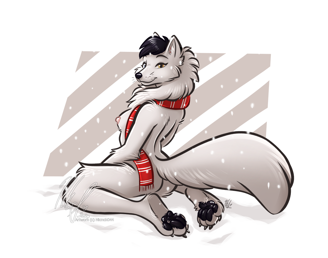 anthro arctic_fox breasts canid canine canis feet female fox mammal nicnak044 nipples pawpads paws pinup pinup_pose pose scarf side_boob snow solo winter