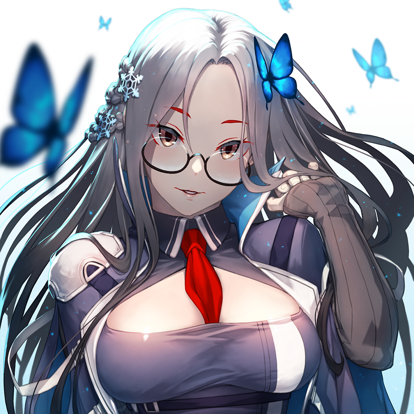 1girl azur_lane bangs blue_butterfly blue_cloak blue_dress blurry_foreground braid breasts bug butterfly cleavage cleavage_cutout cloak clothing_cutout collared_dress commentary_request detached_sleeves dress eyebrows_visible_through_hair glasses grey_hair grey_sleeves hair_ornament hand_up insect large_breasts long_hair long_sleeves looking_at_viewer mitchy1023 necktie neckwear_between_breasts parted_bangs parted_lips red_neckwear ribbed_sleeves semi-rimless_eyewear shangri-la_(azur_lane) sidelocks simple_background smile snowflake_hair_ornament solo standing taut_clothes taut_dress underboob upper_body very_long_hair white_background