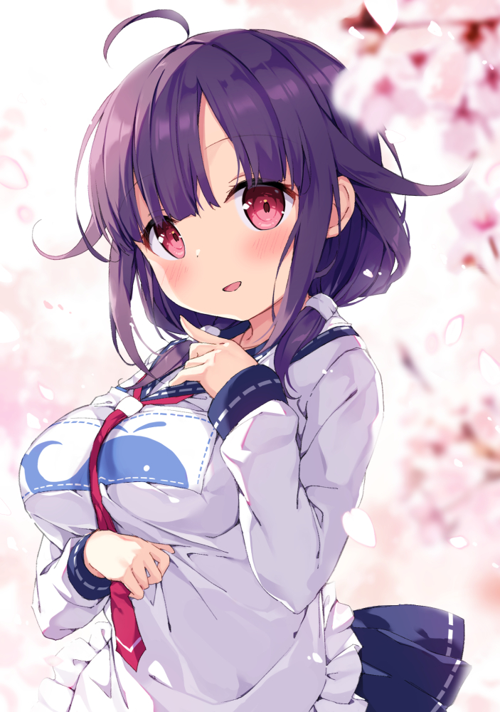 1girl ahoge blue_sailor_collar blue_skirt blush breasts cherry_blossoms eyebrows_visible_through_hair ezoshika hair_flaps kantai_collection large_breasts long_hair long_sleeves low_twintails neckerchief open_mouth petals pleated_skirt purple_hair red_eyes red_neckwear sailor_collar school_uniform serafuku skirt smile solo taigei_(kantai_collection) twintails