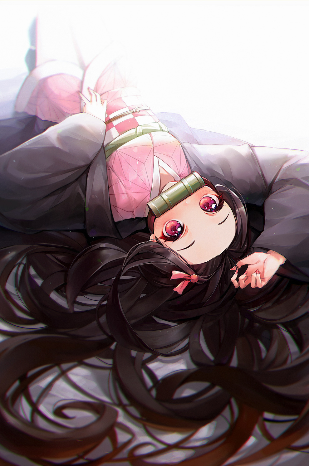 1girl arm_up bamboo bit_gag black_hair blurry blurry_background blush checkered commentary_request depth_of_field fingernails forehead gag grey_background hair_ribbon highres japanese_clothes kamado_nezuko kimetsu_no_yaiba kimono long_fingernails long_hair long_sleeves lunia mouth_hold obi open_clothes pink_kimono pink_nails pink_ribbon red_eyes ribbon sash sleeves_past_wrists solo very_long_hair wide_sleeves