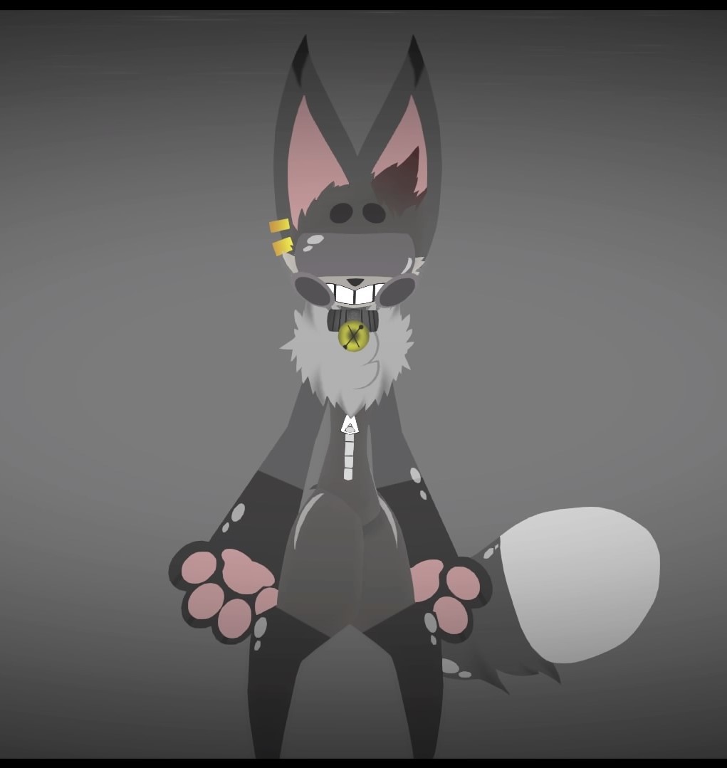 anthro canid canine chest_tuft collar_with_bell dark_markings domestic_cat drone dyed-hair ear_piercing felid feline felis fox fur grey_body grey_fur hybrid kino_(kinosnight) kinosnight male mammal piercing rubber shiny_(disambiguation) solo tuft visor zipper