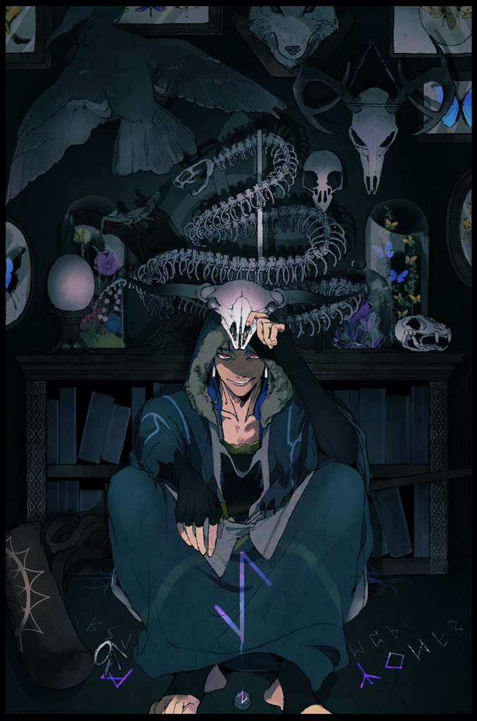 1boy animal_skull bird black_gloves blue_hair bone bug butterfly capelet cu_chulainn_(fate)_(all) cu_chulainn_(fate/grand_order) earrings fate/grand_order fate_(series) fingerless_gloves fur-trimmed_hood fur_trim gloves grin hood hood_up hooded_capelet horns insect jewelry lizard long_hair looking_at_viewer maimai2012ire male_focus runes skull smile snake solo staff toes type-moon