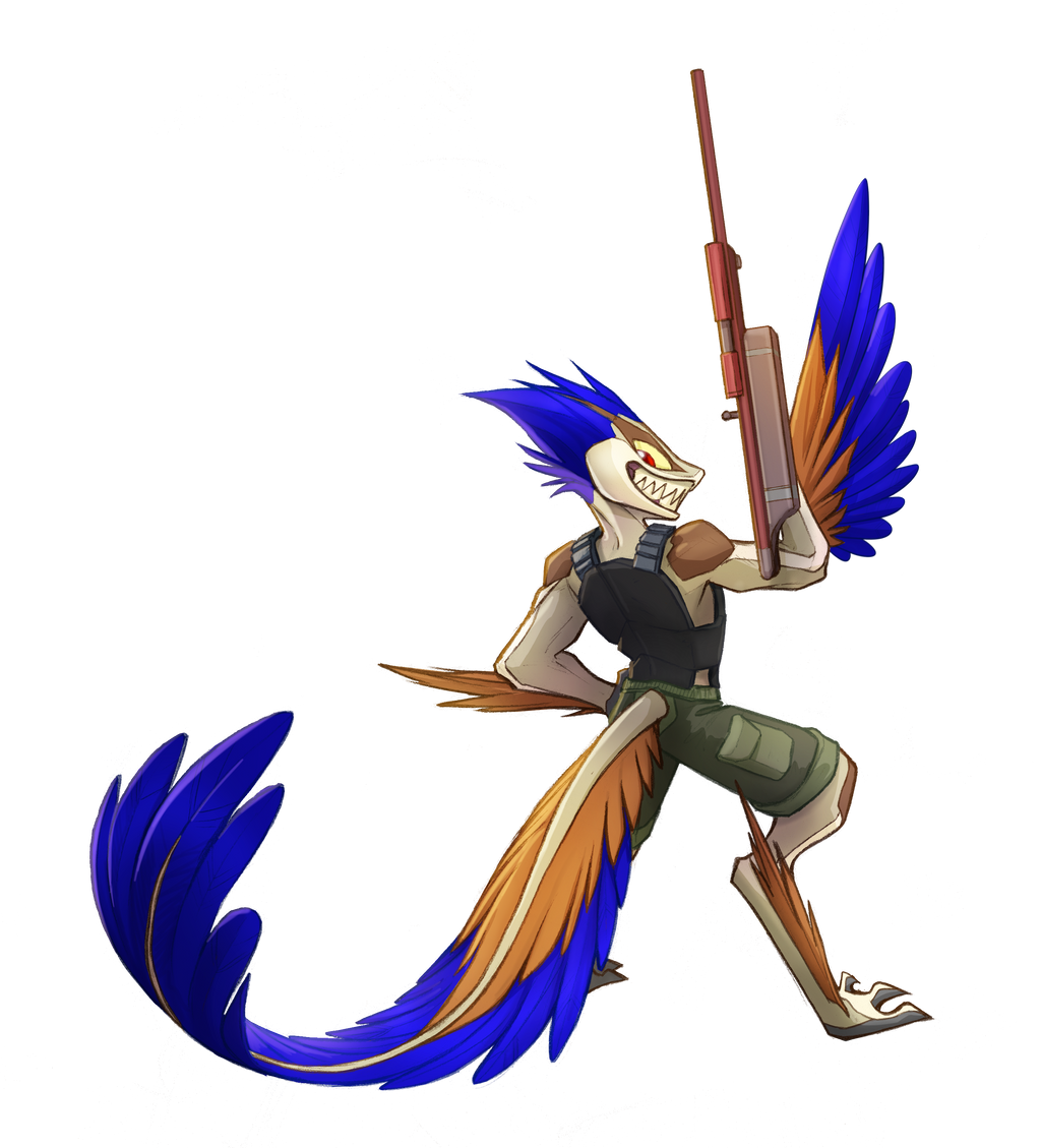 alpha_channel anthro armor clothed clothing david_lillie dinosaur dreamkeepers dromaeosaurid feathers gun karo_(dreamkeepers) looking_back male ranged_weapon red_eyes reptile rifle scalie simple_background solo theropod transparent_background weapon yellow_sclera