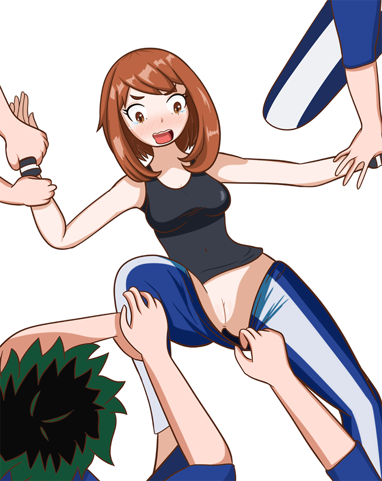 assisted_exposure blush boku_no_hero_academia embarrassed open_mouth pantsing pulled_by_another undressing_another uraraka_ochako