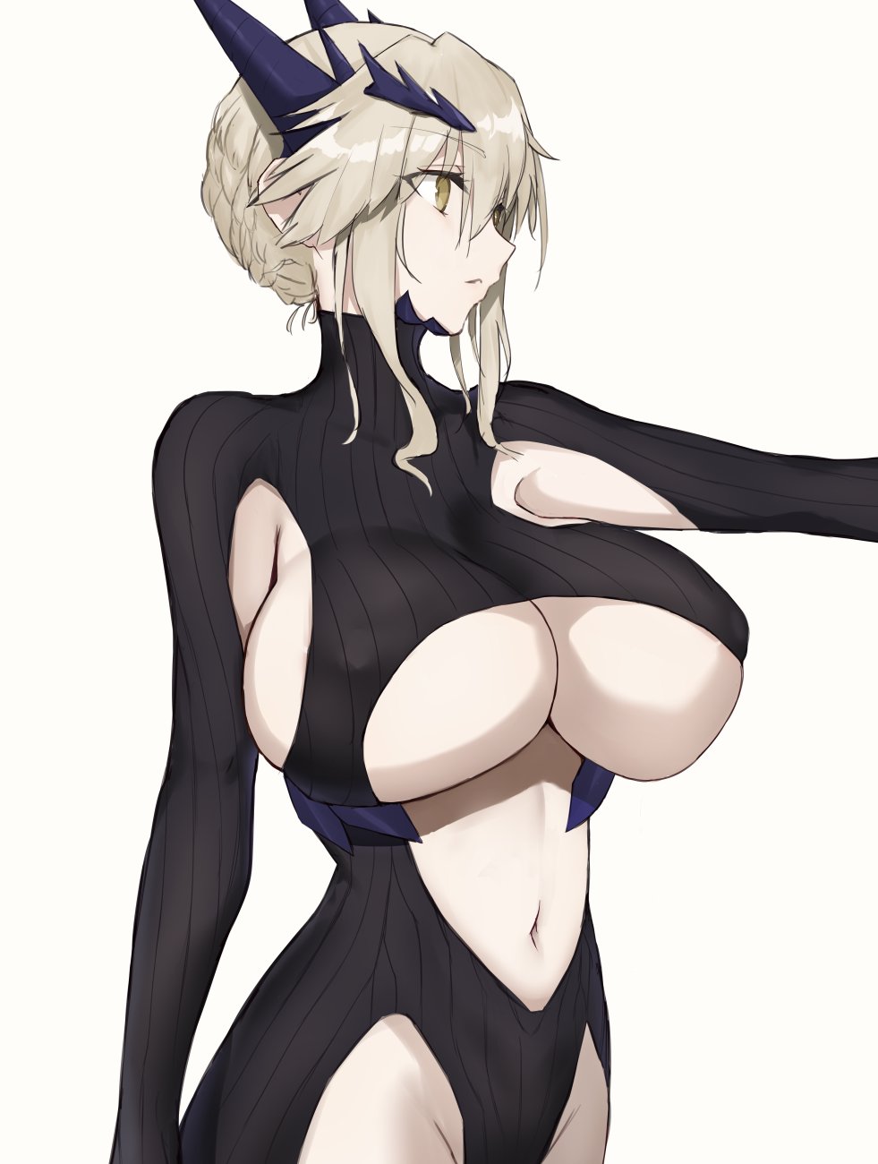 1girl akatsuki_ikki armpit_cutout artoria_pendragon_(all) artoria_pendragon_(lancer_alter) bangs black_bodysuit blonde_hair bodysuit braid breasts center_opening clothing_cutout fate/grand_order fate_(series) french_braid highres horns large_breasts long_hair long_sleeves navel revealing_clothes ribbed_bodysuit sidelocks simple_background underboob white_background yellow_eyes