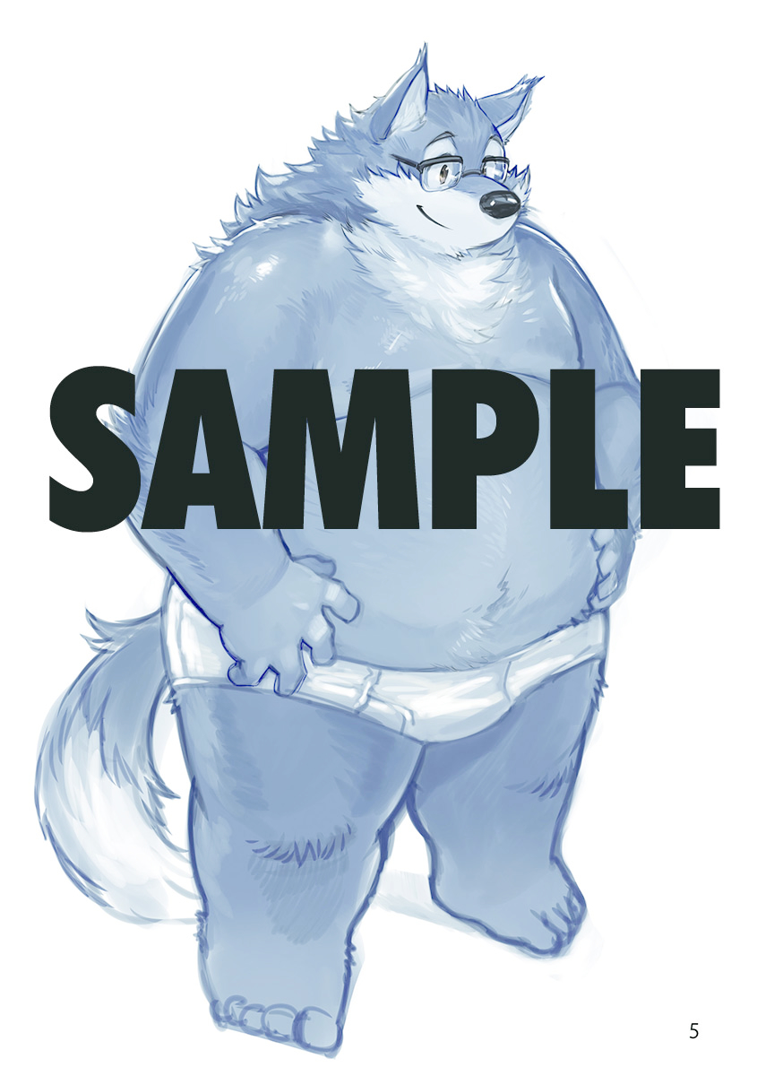 2016 anthro belly black_nose blue_body blue_fur bulge canid canine canis clothing distracting_watermark domestic_dog eyewear fur glasses hi_res humanoid_hands kemono kita_9999 male mammal overweight overweight_anthro overweight_male sample simple_background solo underwear watermark white_background