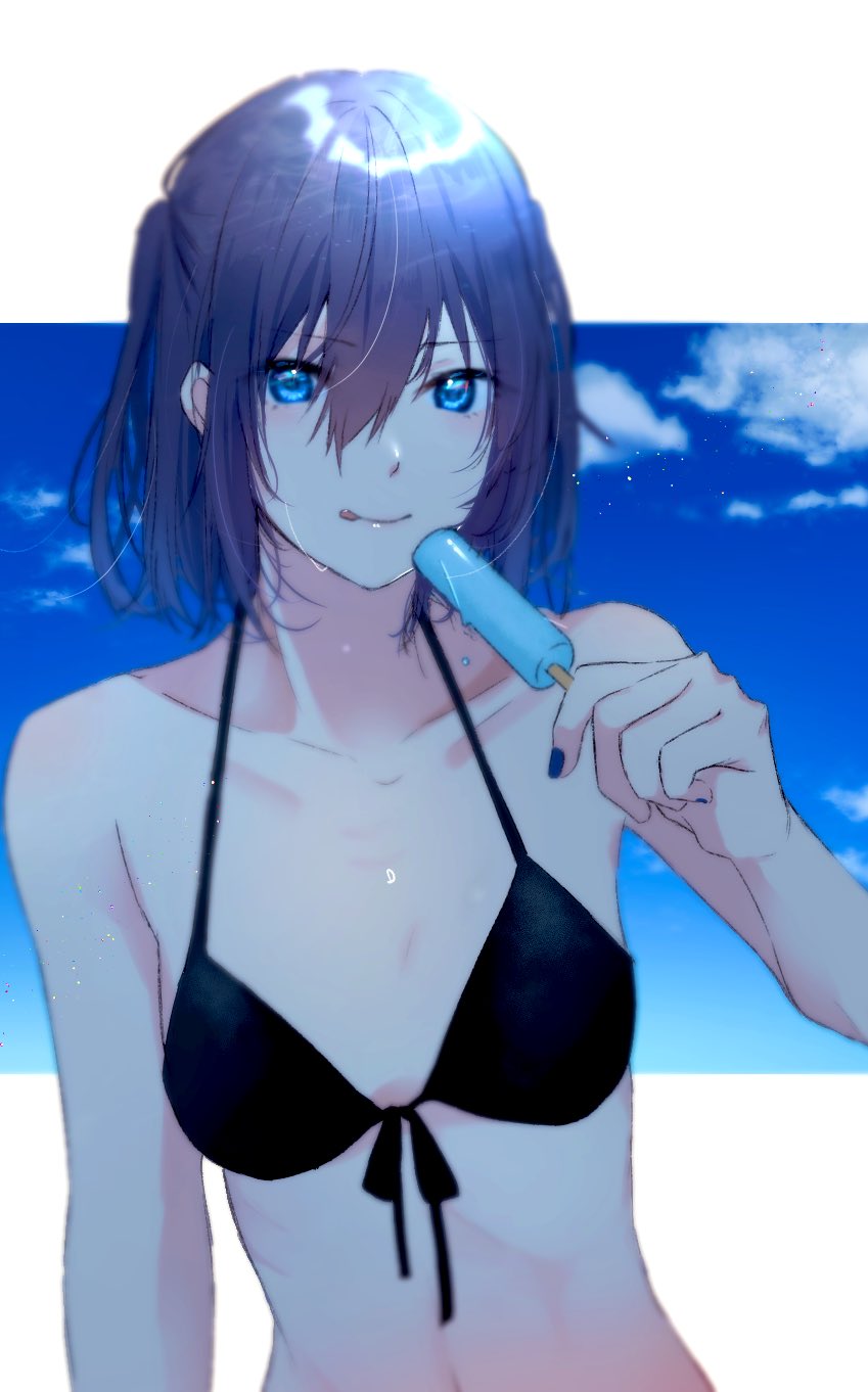 1girl bangs bikini black_bikini blue_nails blue_sky breasts brown_eyes brown_hair cloud collarbone day food food_in_mouth hair_between_eyes highres holding kantai_collection licking_lips looking_at_viewer nail_polish outdoors popsicle rinto_(rint_rnt) sendai_(kantai_collection) short_hair sky small_breasts solo swimsuit tongue tongue_out two_side_up upper_body