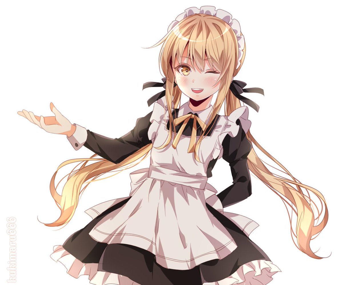 1girl alternate_costume apron black_dress blonde_hair blush dress enmaided eyebrows_visible_through_hair hair_between_eyes juliet_sleeves kantai_collection kukimaru long_hair long_sleeves low_twintails maid maid_headdress one_eye_closed open_mouth puffy_sleeves ribbon satsuki_(kantai_collection) simple_background smile solo twintails twitter_username white_apron white_background yellow_eyes yellow_ribbon