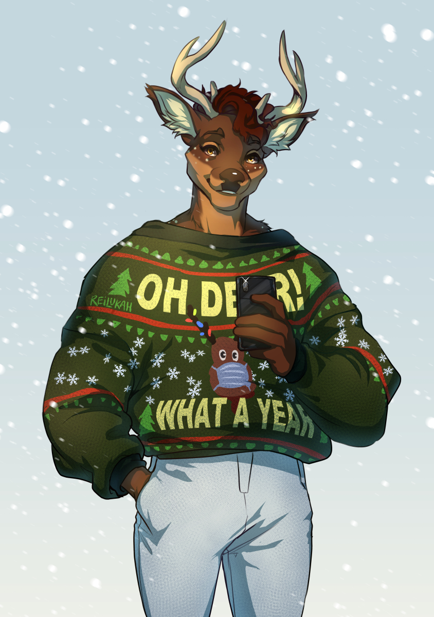 anthro antlers bottomwear cervid christmas christmas_clothing clothed clothing covid-19_pandemic face_mask hi_res holidays horn lukiri male mammal pants phone reilukah solo