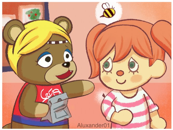 aluxander01 animal_crossing anthro arthropod bandanna bee blonde_hair blush brown_body brown_fur clothed clothing female feral flying fur gesture green_eyes group hair holding_object human hymenopteran insect inside kerchief male mammal nintendo open_mouth pannel pattern_clothing pattern_shirt pattern_topwear paula_(animal_crossing) photo pointing pointing_at_another red_hair shirt smile sportswear striped_clothing striped_shirt striped_topwear stripes topwear twintails_(hairstyle) ursid video_games villager_(animal_crossing)