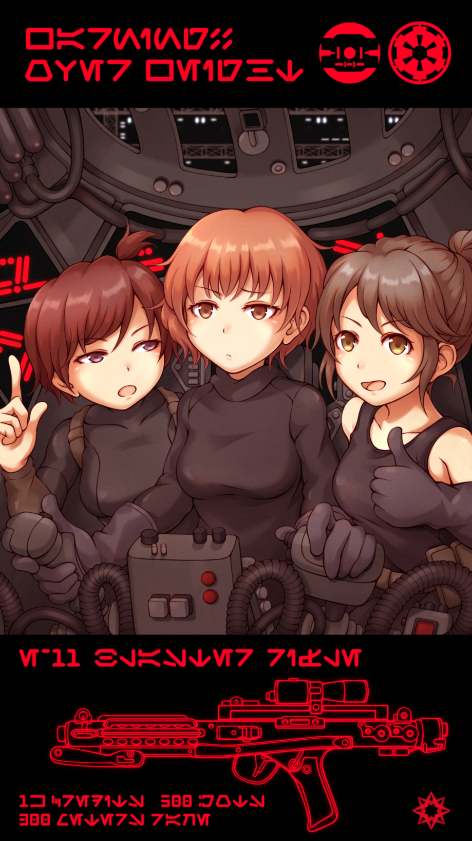 3girls annoyed aurebesh black_gloves breasts cockpit cramped energy_gun eyebrows_behind_hair galactic_empire gloves gun hair_bun highres looking_ahead looking_at_another looking_at_viewer medium_breasts multiple_girls nosh open_mouth pointing pointing_up purple_eyes rifle science_fiction scope short_hair short_sidetail star_wars tie_pilot weapon