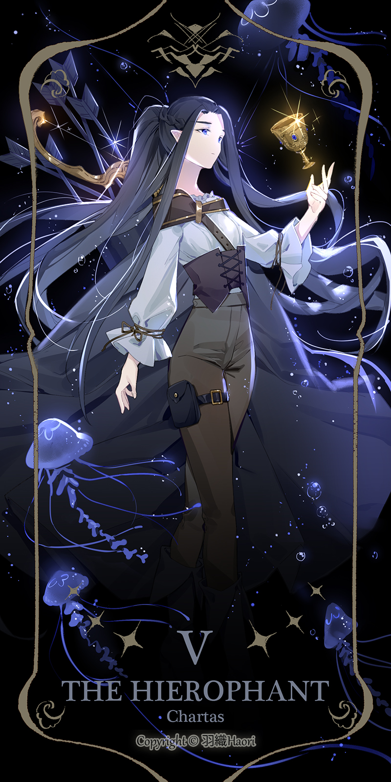 1girl blue_eyes blue_hair bow brown_pants bubble cape elf f.l.c. gem goblet highres jellyfish looking_at_object lord_of_the_mysteries numbered pants pointy_ears ponytail roman_numerals shirt siatas signature solo star_(symbol) tarot tarot_arcana the_hierophant_(tarot) underwear white_shirt