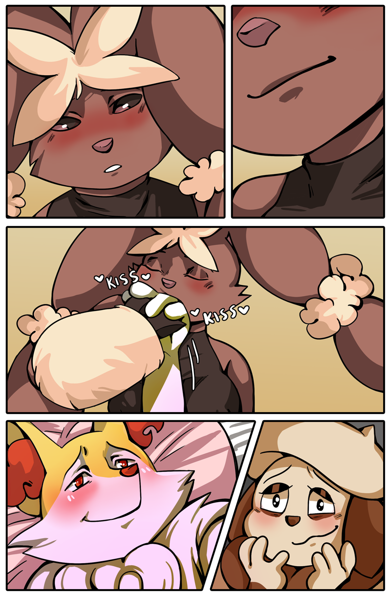 anthro blush braixen comic comic_page digital_media_(artwork) duo female hand_holding hi_res keluturtle kingbriarturtle kisses lopunny male male/female nintendo pok&eacute;mon pok&eacute;mon_(species) porn_studio simple_background smeargle smile video_games