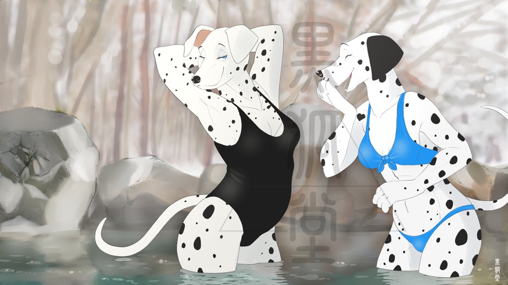 16:9 2020 anthro bikini black_clothing black_nose black_one-piece_swimsuit black_spots black_swimwear blue_bikini blue_clothing blue_swimwear breasts canid canine canis cleavage clothed clothing dalmatian distracting_watermark domestic_dog duo eyes_closed female fur hand_to_mouth hands_behind_head hot_spring looking_at_another mammal navel one-piece_swimsuit open_mouth open_smile partially_submerged presenting smile spots spotted_body spotted_fur standing swimwear teeth ukabor water watermark white_body white_fur widescreen