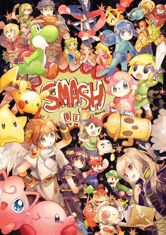 6+boys 6+girls :o animal_crossing backwards_hat baseball_bat baseball_cap black_eyes blue_eyes character_request commentary_request creature gen_1_pokemon gen_6_pokemon greninja happy hat heart holding holding_baseball_bat holding_sword holding_weapon jigglypuff kirby kirby_(series) looking_at_viewer luigi mario mario_(series) mother_(game) mother_2 multiple_boys multiple_girls namie-kun ness_(mother_2) one_eye_closed pac-man pac-man_(game) pikachu pikmin_(creature) pikmin_(series) pokemon pokemon_(creature) princess princess_peach princess_zelda rockman rockman_(character) signature super_smash_bros. sword tagme the_legend_of_zelda weapon yoshi