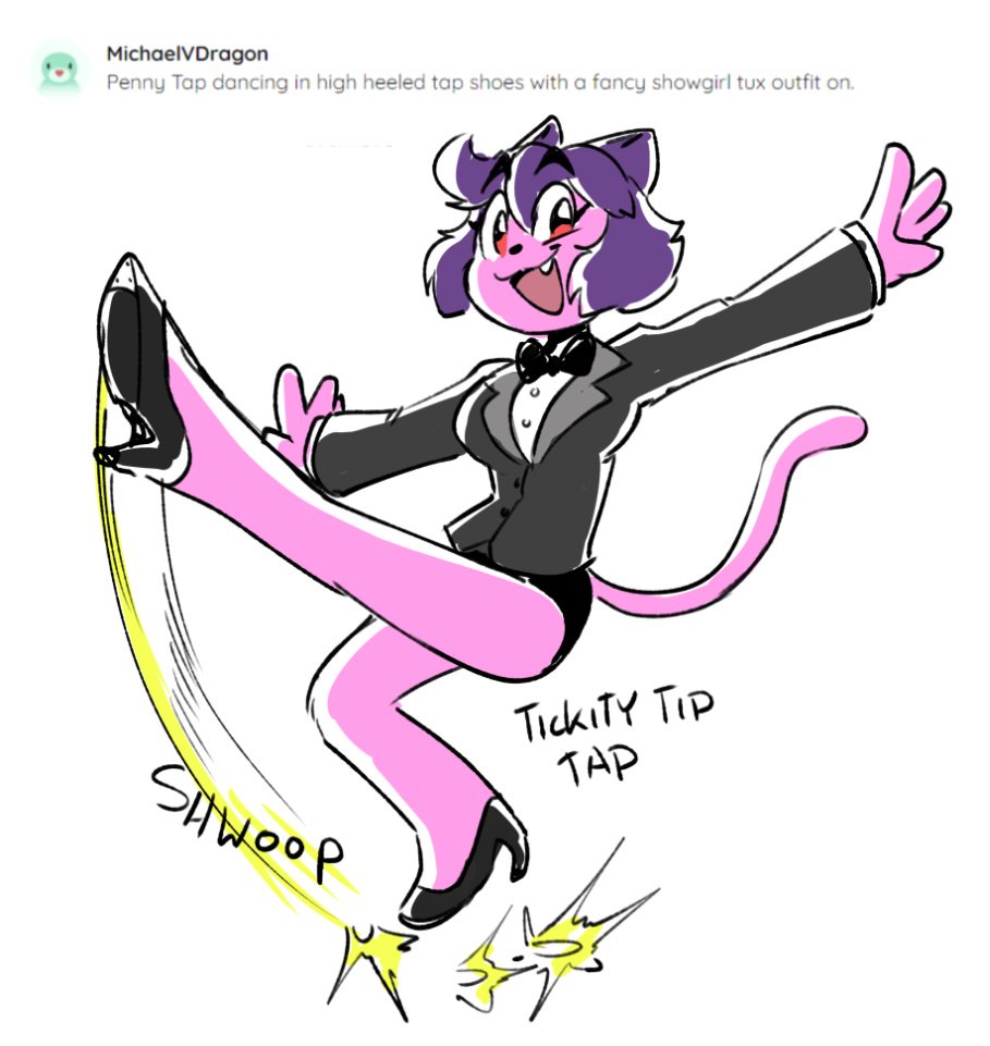 2019 4_fingers anaugi anthro black_tie_(suit) bottomwear bow_tie clothing cute_fangs domestic_cat english_text felid feline felis female fingers footwear fur hair high_heels looking_at_viewer mammal onomatopoeia open_mouth open_smile penny_(anaugi) pink_body pink_fur purple_hair raised_leg red_hair shoes short_hair shorts simple_background smile solo sound_effects suit tap_dancing text white_background