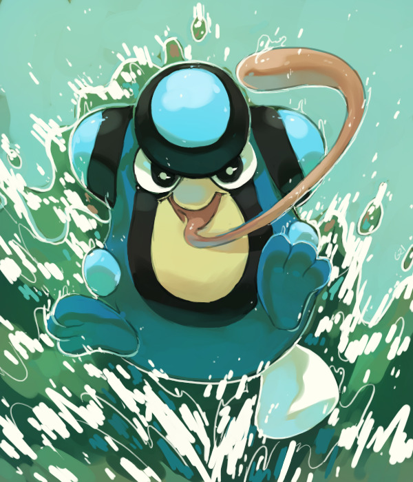 black_eyes commentary creature english_commentary full_body gen_5_pokemon jumping looking_at_viewer no_humans palpitoad pinkgermy pokemon pokemon_(creature) solo splashing tongue tongue_out water