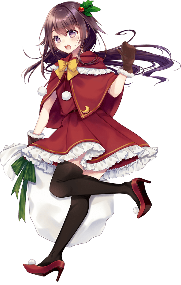 1girl black_legwear blush brown_gloves brown_hair cape crescent crescent_moon_pin eyebrows_visible_through_hair full_body gloves high_heels kantai_collection kisaragi_(kantai_collection) kusada_souta long_hair official_art open_mouth pom_pom_(clothes) purple_eyes red_cape red_footwear sack santa_costume smile solo thighhighs transparent_background