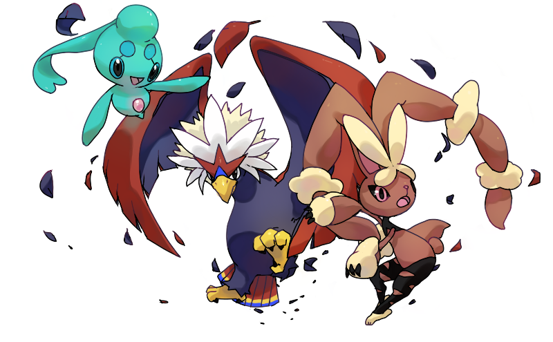 :d battle bird black_eyes braviary claws commentary creature english_commentary floating flying full_body gen_4_pokemon gen_5_pokemon happy looking_at_viewer lopunny manaphy mega_lopunny mega_pokemon mythical_pokemon no_humans open_mouth pinkgermy pokemon pokemon_(creature) simple_background smile white_background