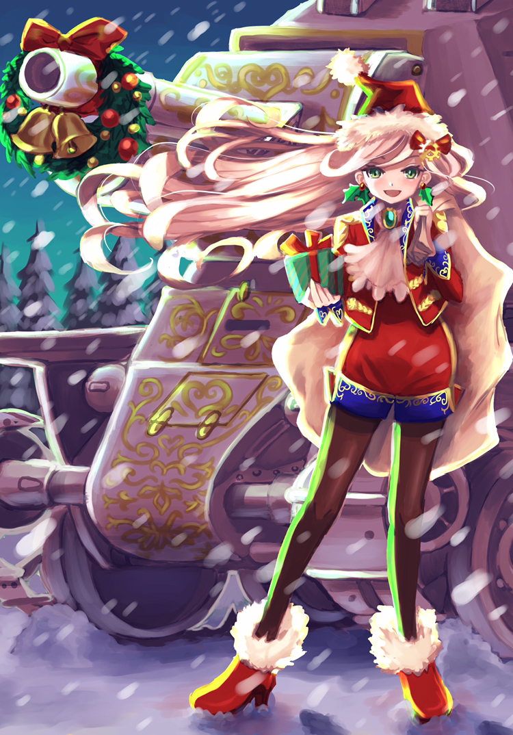 1girl artist_request bell blonde_hair box bt-42 caterpillar_tracks christmas commentary_request gift gift_bag gift_box green_eyes ground_vehicle long_hair military military_vehicle motor_vehicle night original santa_claus santa_claus_(fullbokko_heroes) sky smile snow snowing solo tank tree