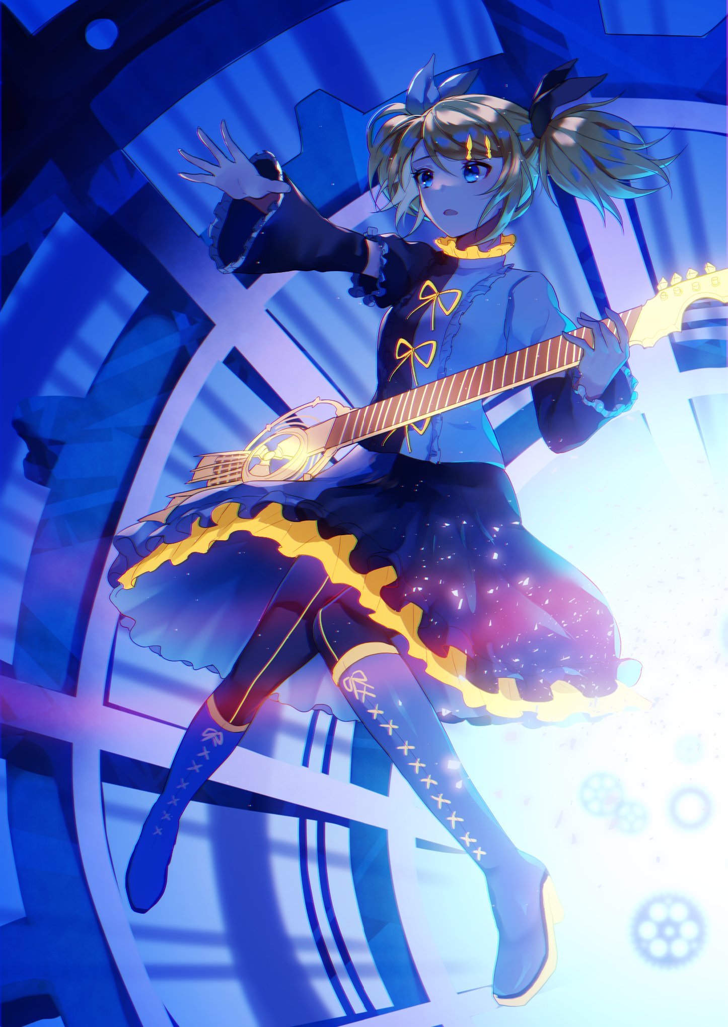 1girl aryuma772 backlighting black_shirt black_skirt black_sleeves blonde_hair blue_eyes boots commentary countdown detached_sleeves frilled_skirt frills full_body glowing guitar hair_ornament hair_ribbon hairclip highres instrument kagamine_rin knee_boots neon_trim nuclear_reactor open_mouth outstretched_arm ribbon roshin_yuukai_(vocaloid) shirt short_twintails skirt solo twintails two-tone_shirt two-tone_skirt vocaloid white_shirt white_skirt