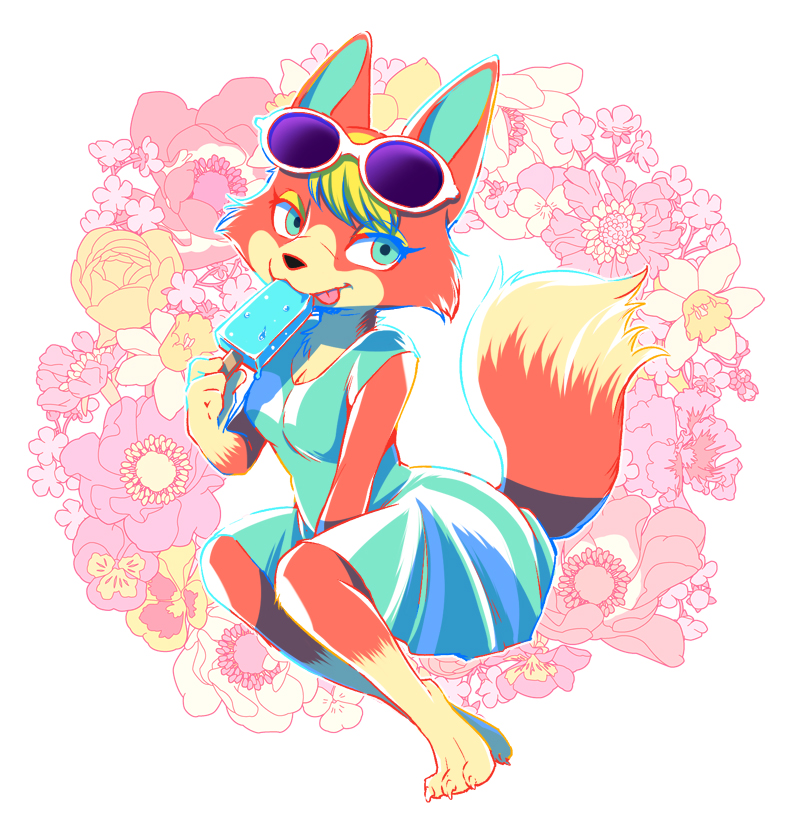 animal_crossing anthro audie_(animal_crossing) canid canine canis clothed clothing dipstick_tail dogear218 dress eyewear female food fully_clothed fur holding_food holding_object holding_popsicle leg_markings mammal markings multicolored_tail nintendo orange_body orange_fur popsicle socks_(marking) solo sunglasses tongue tongue_out video_games wolf