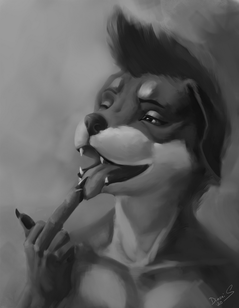 2020 anthro black_and_white canid canine canis digital_media_(artwork) dimonis domestic_dog eyes_closed finger_to_mouth fur greyscale greyscale_background male mammal mastiff molosser monochrome open_mouth portrait rottweiler roxadelic signature smile solo tongue watermark