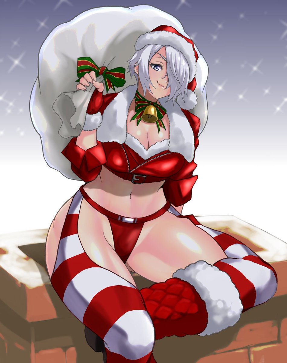alternate_costume anagumasan angel_(kof) boots bra chaps chimney christmas cowboy_boots cropped_jacket fingerless_gloves fur-trimmed_boots fur-trimmed_headwear fur_trim gloves hair_over_one_eye hat highres jacket leather leather_jacket mexican red_footwear red_gloves red_headwear sack santa_claus santa_costume santa_hat snk strapless strapless_bra the_king_of_fighters the_king_of_fighters_2001 the_king_of_fighters_xiv toned underwear white_hair