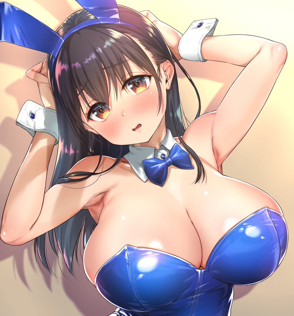 1girl animal_ears armpit_peek arms_up bangs blue_bow blue_hairband blue_leotard blue_neckwear blush bow bowtie breasts brown_eyes brown_hair bunny_ears cleavage commentary_request drop_shadow fake_animal_ears gradient gradient_background hairband hand_in_hair huge_breasts leotard long_hair looking_at_viewer nanase_meruchi open_mouth simple_background solo toranoana upper_body wall wavy_mouth wrist_cuffs