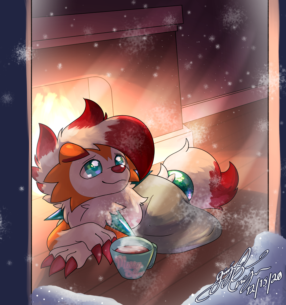 bedding beverage blanket dusk_lycanroc fire fusion gingy_k_fox hot_cocoa inside lycanroc lying nintendo pok&eacute;mon pok&eacute;mon_(species) pok&eacute;mon_fusion snow video_games zoroark