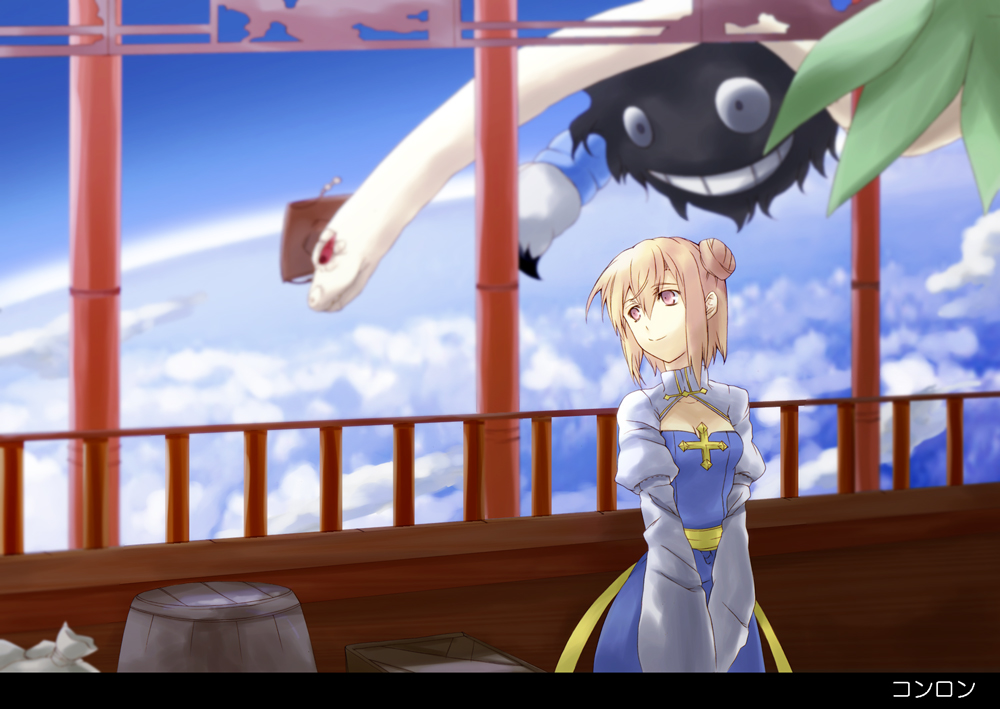1girl above_clouds archbishop_(ragnarok_online) bag bangs barrel black_eyes blonde_hair blue_dress box choukichi cleavage_cutout closed_mouth clothing_cutout cloud commentary_request cowboy_shot demon double_bun dress earth evil_snake_lord extra_eyes extra_mouth eyebrows_visible_through_hair hair_between_eyes hat headwear_request looking_at_another looking_back paintbrush pillar pink_eyes plant ragnarok_online railing red_eyes red_sclera sash short_hair sky smile snake standing translated white_dress white_snake yellow_sash