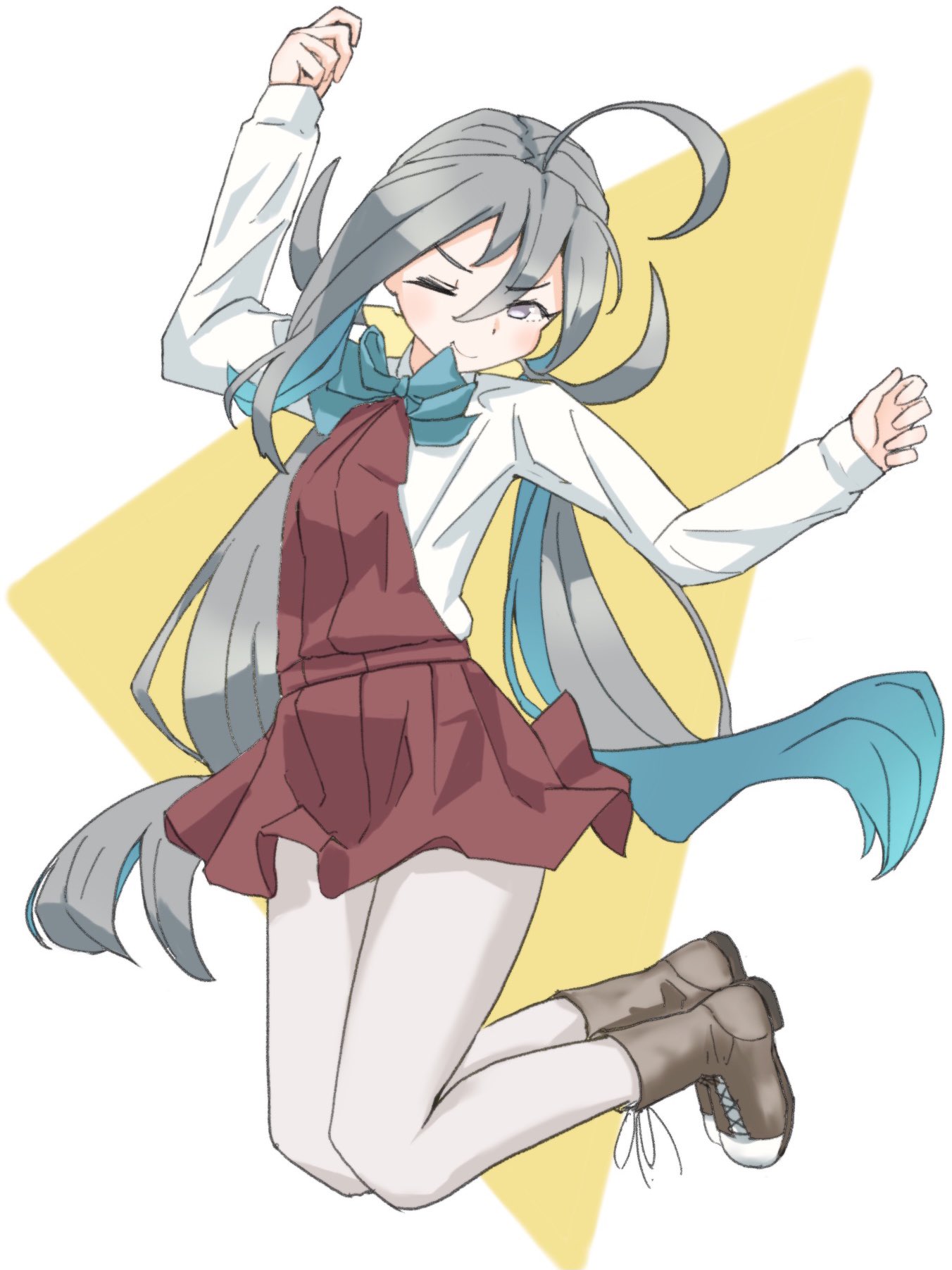1girl ahoge boots bow bowtie brown_dress ceroliz commentary_request cross-laced_footwear dress dress_shirt full_body grey_eyes grey_hair hair_between_eyes halterneck highres kantai_collection kiyoshimo_(kantai_collection) lace-up_boots long_hair looking_at_viewer low_twintails one_eye_closed pantyhose shirt solo twintails two-tone_background very_long_hair white_background white_legwear white_shirt