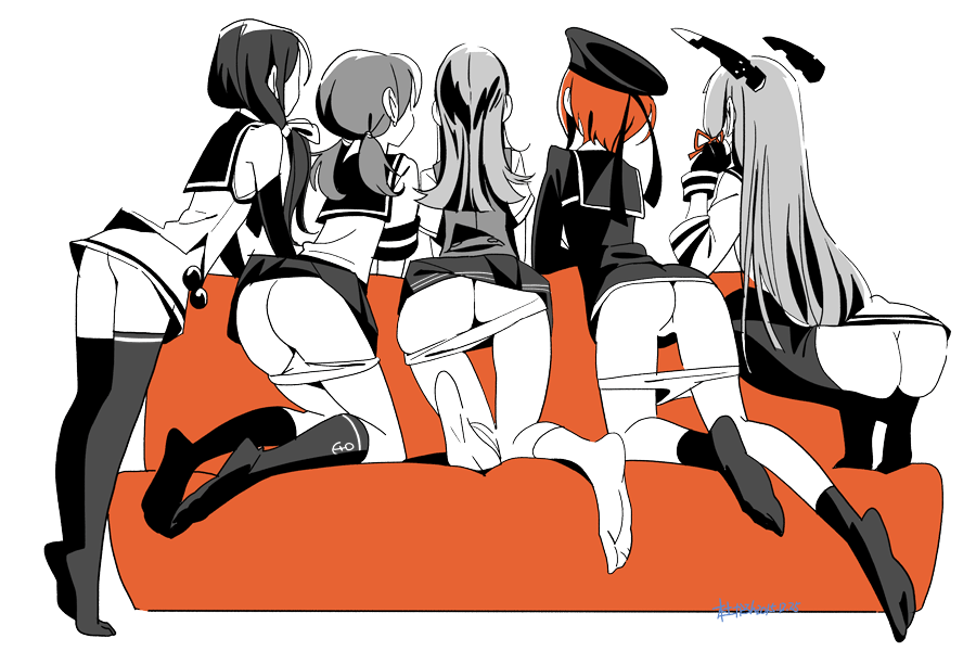 5girls anchor_symbol ass callan_(callancoe) couch dated dress elbow_gloves from_behind gloves hair_ribbon hat hatsukaze_(kantai_collection) headgear kantai_collection kneehighs kneeling limited_palette long_hair long_sleeves low_twintails multiple_girls murakumo_(kantai_collection) panties panty_pull pantyhose pantyhose_pull ribbon sailor_collar sailor_dress school_uniform serafuku shirayuki_(kantai_collection) short_hair short_sleeves short_twintails signature simple_background sitting sleeveless standing suzukaze_(kantai_collection) thighhighs tress_ribbon twintails underwear white_background z3_max_schultz_(kantai_collection)