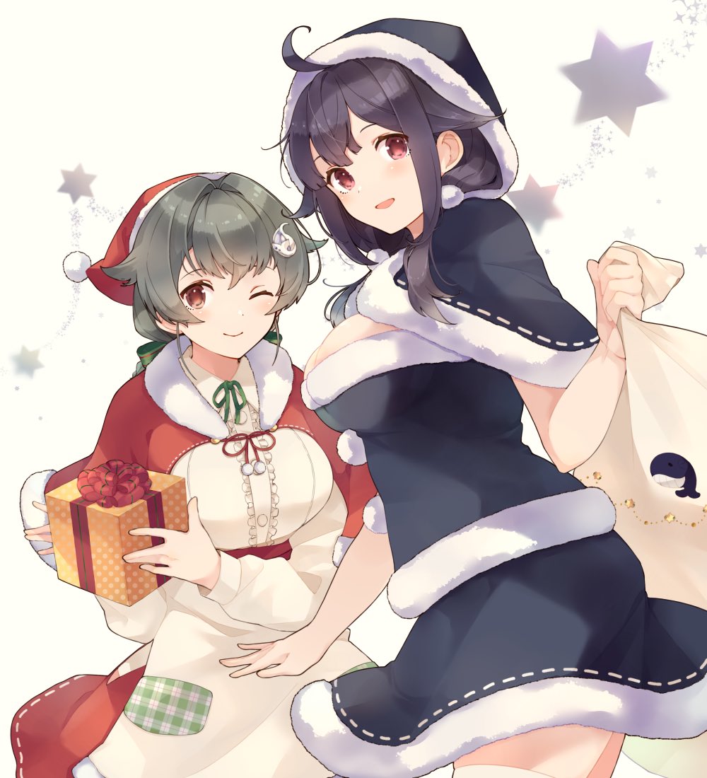 2girls :d ahoge black_capelet black_hair blush box capelet closed_mouth gift gift_box hair_between_eyes hair_flaps hair_ornament hat holding holding_gift jingei_(kantai_collection) kantai_collection long_hair low_twintails multiple_girls one_eye_closed open_mouth pom_pom_(clothes) purple_hair red_eyes sack santa_costume santa_hat shakemi_(sake_mgmgmg) smile taigei_(kantai_collection) twintails