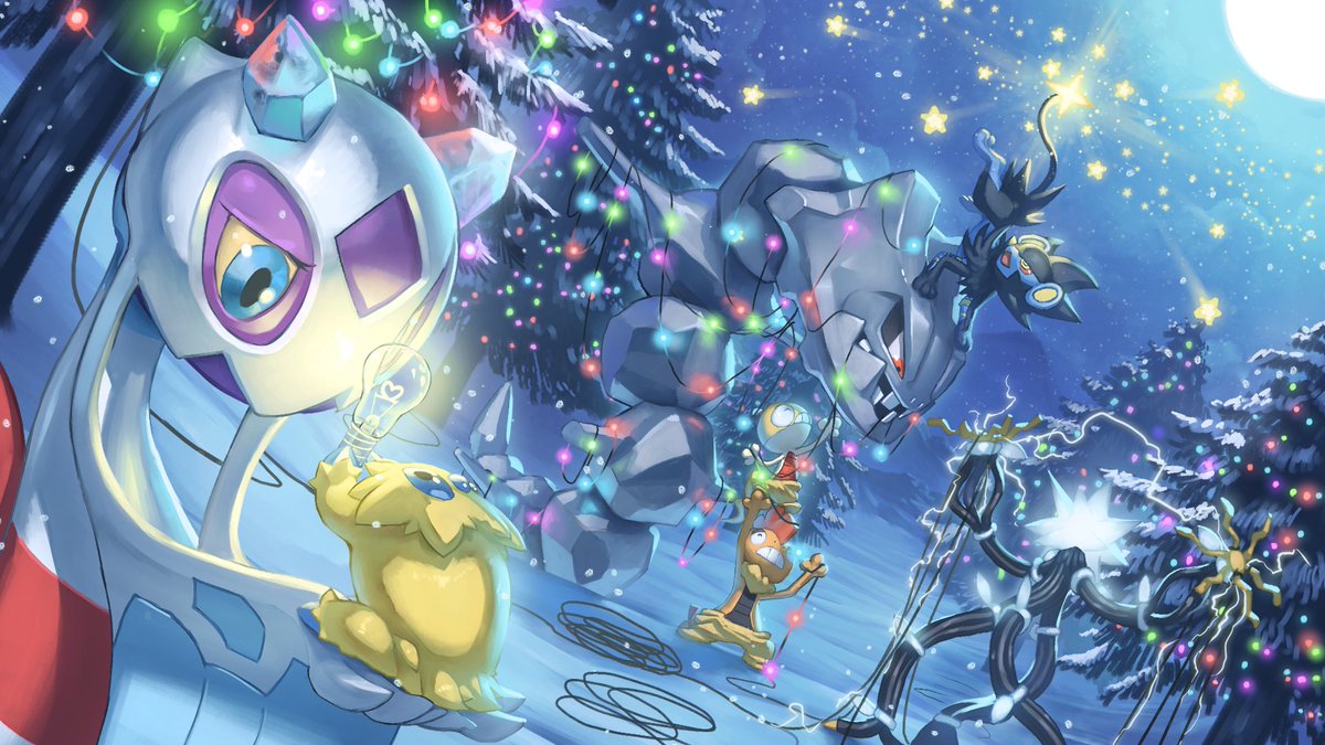 blue_eyes christmas christmas_lights eyelashes froslass gen_2_pokemon gen_4_pokemon gen_5_pokemon gen_7_pokemon holding holding_pokemon joltik light_bulb looking_down luxray mixed-language_commentary moon night no_humans outdoors pokemon pokemon_(creature) red_eyes scrafty scraggy sky snow spareribs standing star_(symbol) steelix tree ultra_beast wire xurkitree yellow_sclera