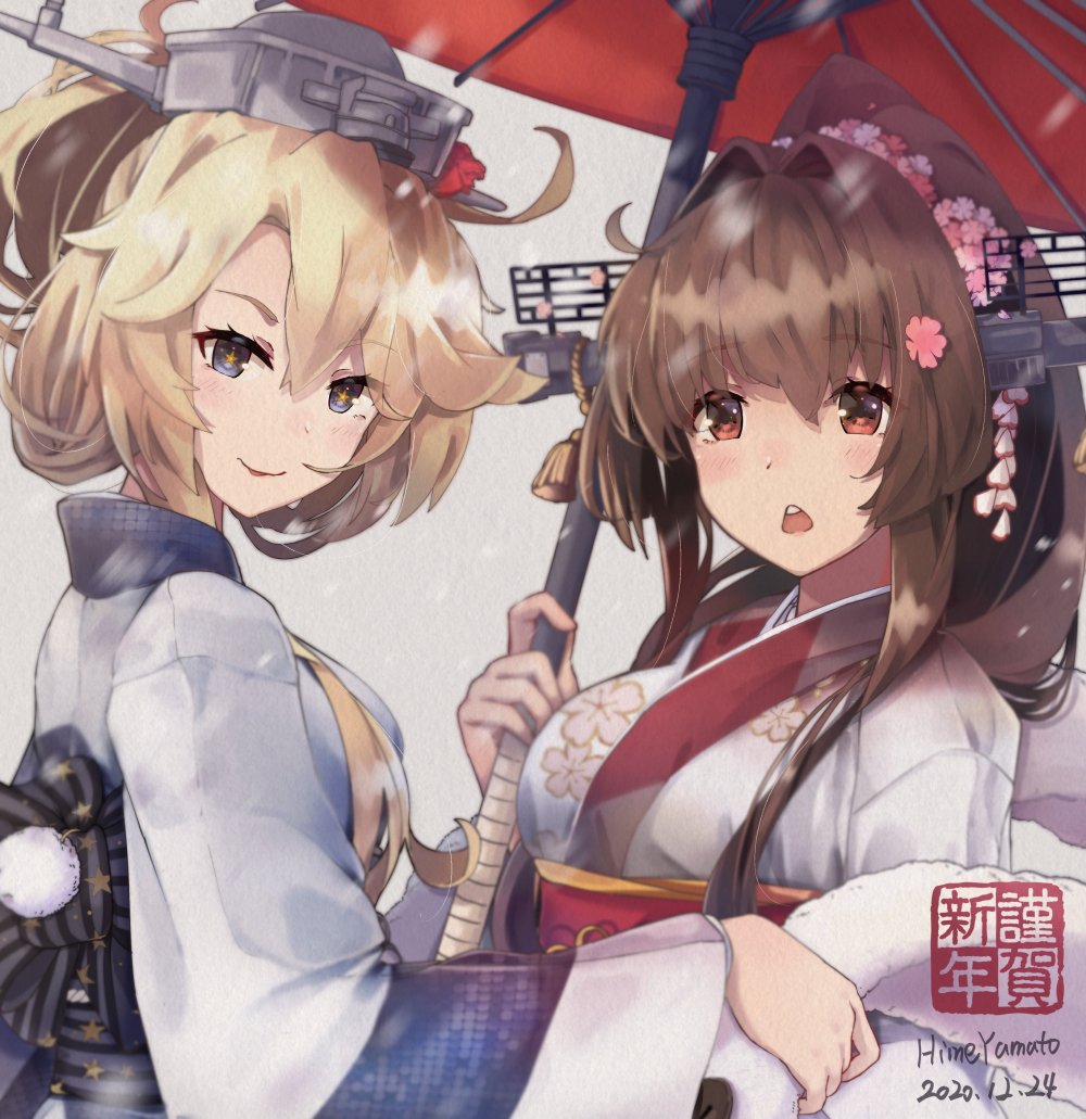 blonde_hair blue_eyes brown_hair flower himeyamato holding holding_umbrella iowa_(kantai_collection) japanese_clothes kantai_collection kimono long_hair open_mouth ponytail umbrella yamato_(kantai_collection)