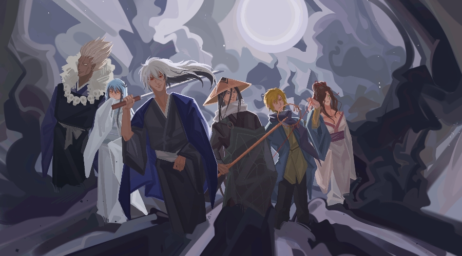 2girls 4boys blonde_hair blue_hair breasts character_request cleavage dark_skin dark_skinned_male fnamingoo grey_background hat holding holding_weapon japanese_clothes kimono long_sleeves moon multiple_boys multiple_girls nura_rikuo nurarihyon_no_mago outdoors red_eyes rice_hat scarf spiked_hair standing weapon wide_sleeves yuki_onna_(nurarihyon_no_mago)