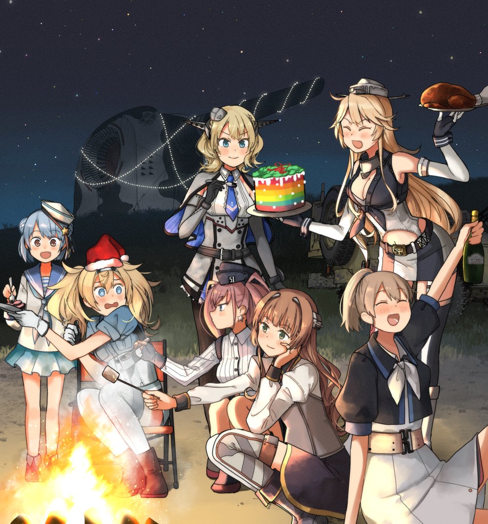 6+girls ^_^ ^o^ annin_musou atlanta_(kantai_collection) belt black_belt black_headwear black_skirt blonde_hair blue_eyes blue_hair blue_neckwear blue_sailor_collar blue_skirt blush bottle breast_pocket breasts brown_eyes brown_hair buttons cake campfire capelet chair christmas cleavage closed_eyes closed_mouth collared_shirt colorado_(kantai_collection) dixie_cup_hat double_bun earrings elbow_gloves eyebrows_visible_through_hair fang food front-tie_top gambier_bay_(kantai_collection) garrison_cap gloves green_eyes grey_eyes grey_headwear hair_between_eyes hat headgear helena_(kantai_collection) holding holding_bottle intrepid_(kantai_collection) iowa_(kantai_collection) jewelry juliet_sleeves kantai_collection large_breasts long_hair long_sleeves military military_hat military_uniform multiple_girls neckerchief necktie night night_sky open_mouth pleated_skirt pocket ponytail puffy_sleeves sailor_collar samuel_b._roberts_(kantai_collection) santa_hat school_uniform serafuku shirt short_hair short_sleeves skirt sky smile star_(symbol) star_earrings twintails uniform white_headwear white_neckwear white_shirt