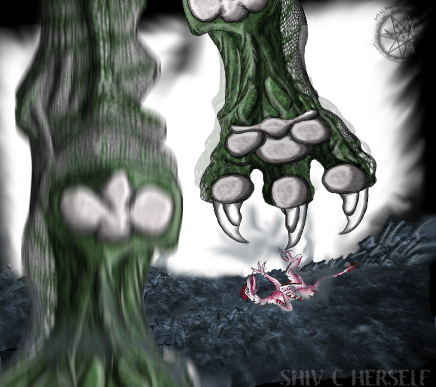 2006 3_toes ahastar ahastar_(artist) ambiguous_gender anthro blood bodily_fluids bruised digital_media_(artwork) dinosaur dragon dromaeosaurid duo green_feet hindpaw pawpads paws reptile scales scalie shiveneve soles stomping theropod toes western_dragon white_body white_pawpads white_scales