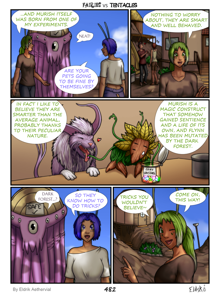 &lt;3 3:4 antennae_(anatomy) blue_hair bobbydando clothed clothing comic dialogue english_text facial_markings fairies_vs_tentacles fairy female flynn_(fvt) green_hair group hair head_markings humanoid laura_(fvt) markings murish_(fvt) myri_(fvt) nadisha_(fvt) nihallaks_(species) off_shoulder purple_body tarah_(fvt) tentacle_monster tentacles text zak_(fvt)