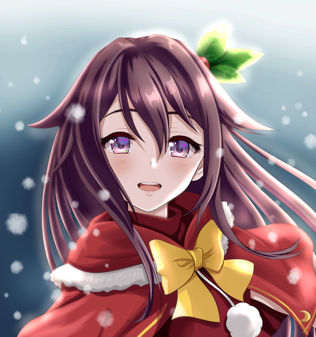 1girl blush brown_hair capelet crescent crescent_moon_pin hair_between_eyes kantai_collection kisaragi_(kantai_collection) long_hair open_mouth pom_pom_(clothes) portrait purple_eyes red_capelet santa_costume smile snowing solo tk8d32 upper_teeth