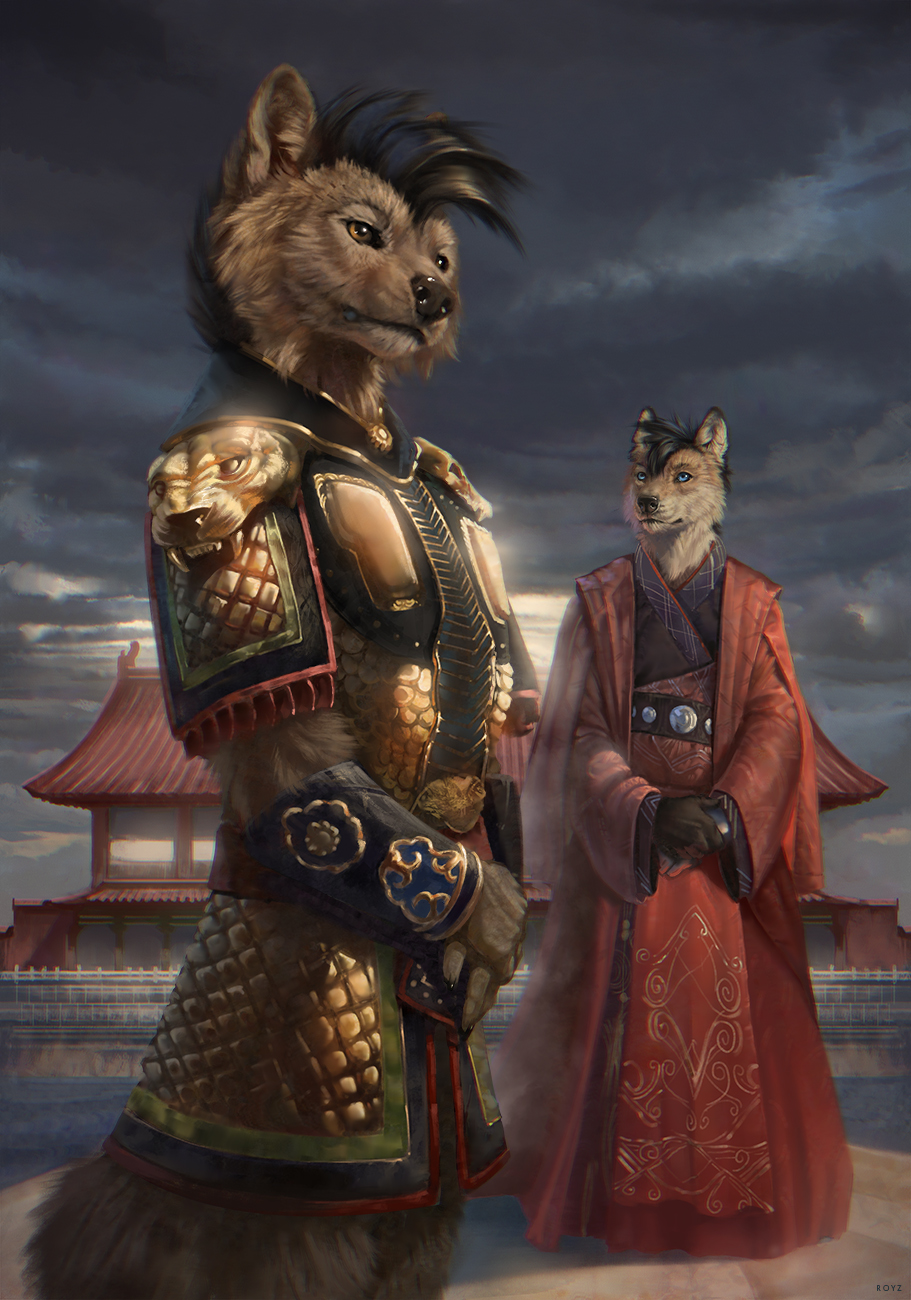 anthro canid canine canis china conditional_dnp digital_media_(artwork) digitalpainting domestic_dog duo fantasy hi_res history illustration latex_(artist) male male/male mammal royzilya wolf