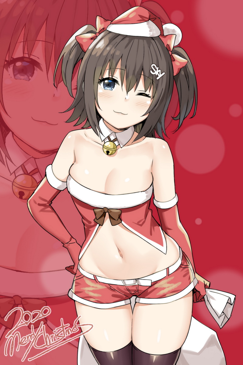 1girl ;3 bare_shoulders bell belt black_hair black_legwear blue_eyes bow breasts christmas cleavage collarbone cowboy_shot crop_top detached_collar elbow_gloves fur_trim gloves groin hair_bow hand_on_hip hat highres holding holding_sack jingle_bell looking_at_viewer medium_breasts medium_hair midriff navel one_eye_closed original red_headwear red_shirt red_shorts revealing_clothes sack santa_costume santa_hat shirt short_shorts shorts skindentation sky_(freedom) sky_(sky-freedom) sleeveless sleeveless_shirt smile solo stomach strapless strapless_shirt thigh_gap thighhighs thighs two_side_up zoom_layer