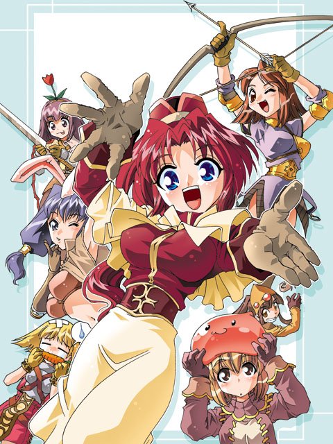 6+girls :3 acolyte_(ragnarok_online) animal_on_head archer_(ragnarok_online) armor backpack bag bandages bandana bangs black_skirt blonde_hair blue_background blue_eyes blue_shirt blush bow_(weapon) breastplate breasts brown_capelet brown_dress brown_eyes brown_gloves brown_hair brown_headwear capelet carrot chest_guard closed_mouth commentary cowboy_shot crying dress eating eyebrows_visible_through_hair flower flower_on_head food gloves hair_between_eyes holding holding_bow_(weapon) holding_food holding_sword holding_weapon long_hair long_skirt long_sleeves looking_at_viewer looking_to_the_side mage_(ragnarok_online) medium_breasts medium_hair merchant_(ragnarok_online) mizuki_hitoshi moneybag multiple_girls nose_blush novice_(ragnarok_online) on_head one_eye_closed open_mouth ponytail poring purple_eyes purple_hair ragnarok_online reaching_out red_shorts shiny shiny_hair shirt short_hair short_sleeves shorts shrug_(clothing) skirt sleeveless sleeveless_shirt spoken_sweatdrop sweatdrop sword swordsman_(ragnarok_online) thief_(ragnarok_online) tongue tongue_out weapon white_capelet white_skirt yellow_gloves
